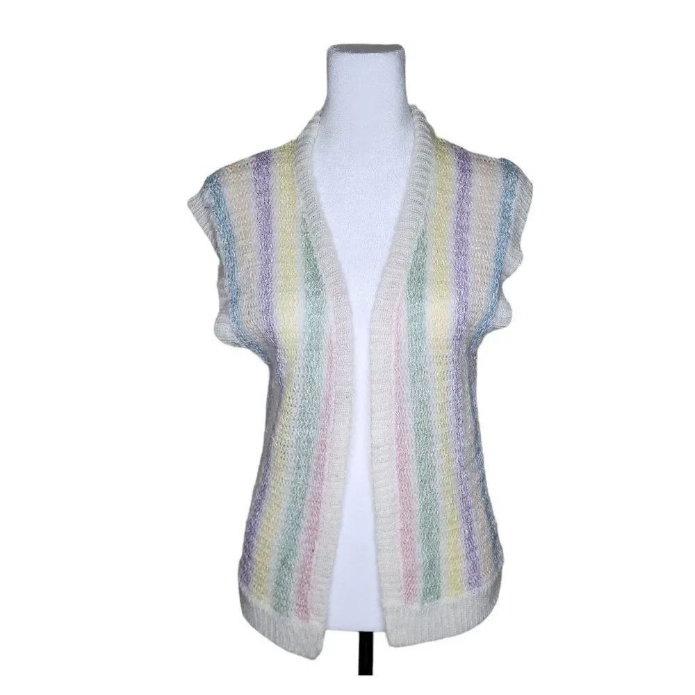 Vintage 80s Sleeveless Sweater Vest Womens Size L Pink Blue Ivory Pastel Stripe